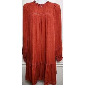Loft Swiss Dot Dress Small L/S Burnt Orange Swing Prairie Lace Swing Ruffle Neck